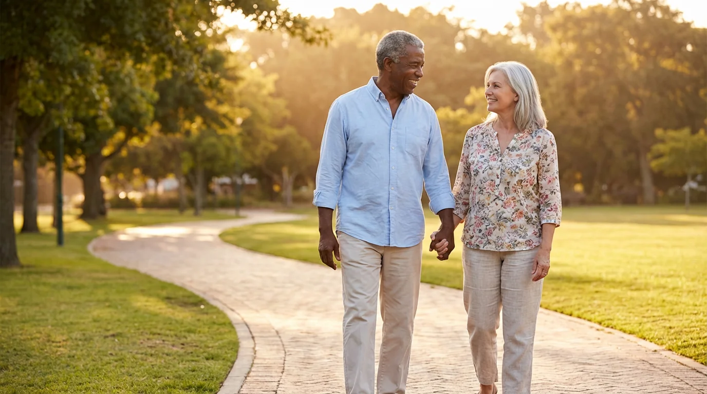 Happy senior couple walking hand-in-hand in a park at sunset.