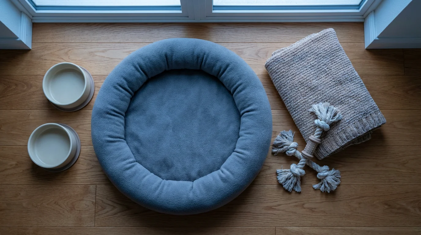 High angle flat lay of a pet bed, bowls, and toys on a floor.
