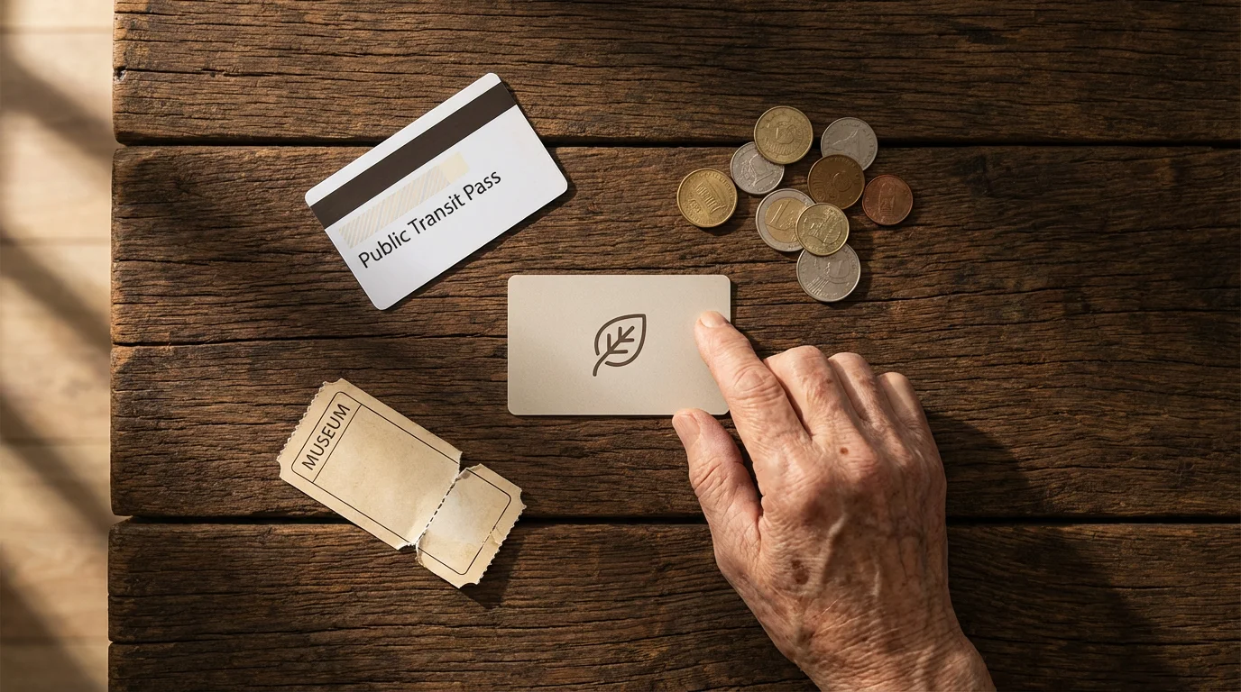 High angle flat lay of a senior's hand arranging discount cards and transit pass.