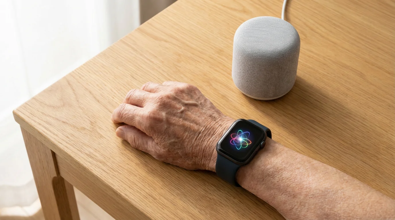 High angle flat lay of a senior's wrist with a smartwatch beside a smart speaker.