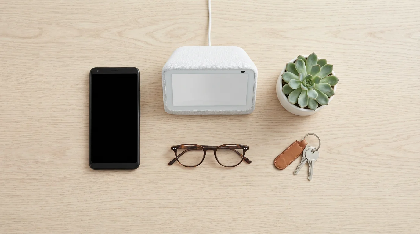 High angle flat lay of a smartphone, smart display, and daily essentials on a light wood table.