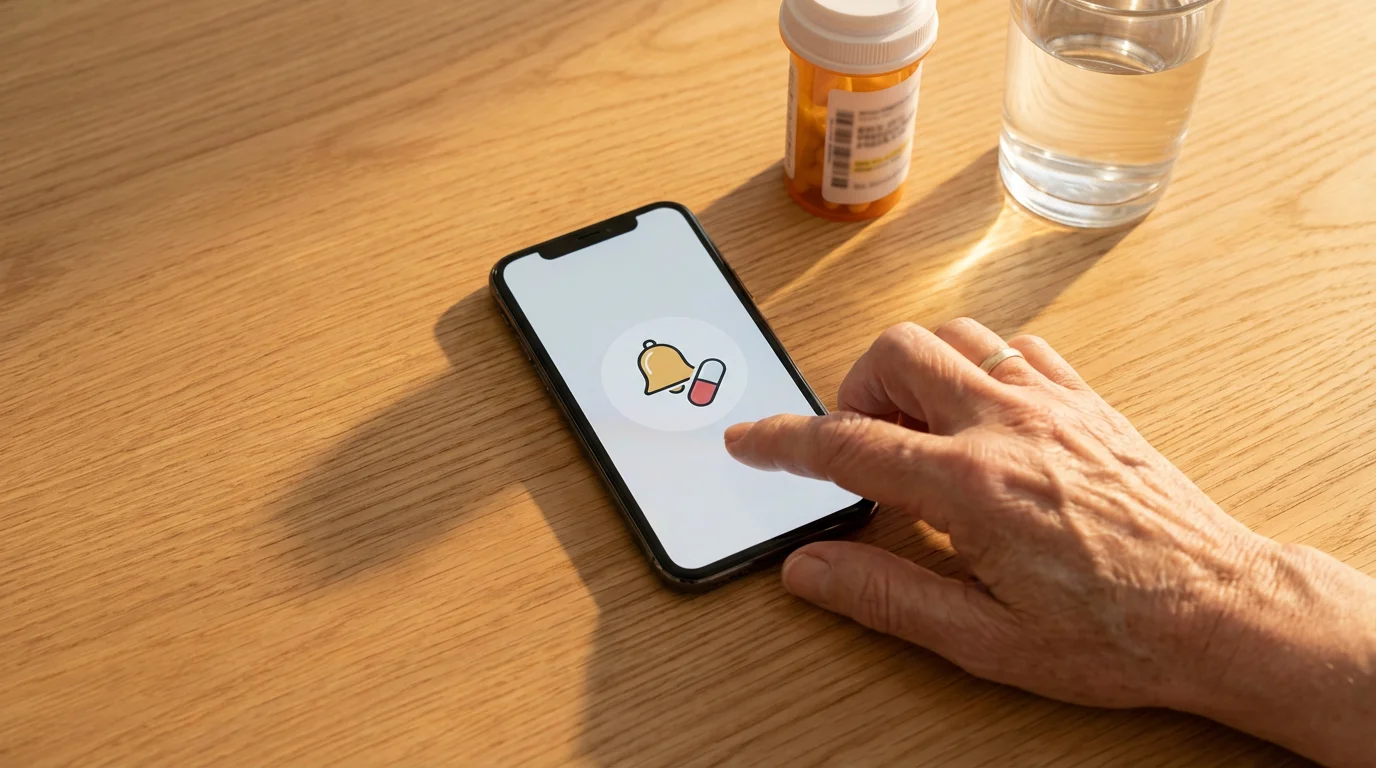 High angle flat lay of a smartphone with a medication reminder app and pills.
