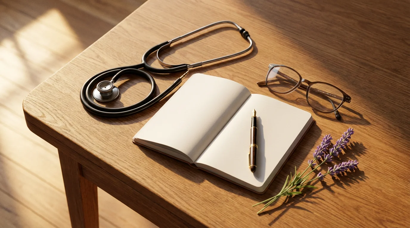 High angle flat lay of a stethoscope, notebook, and glasses on a wooden table.