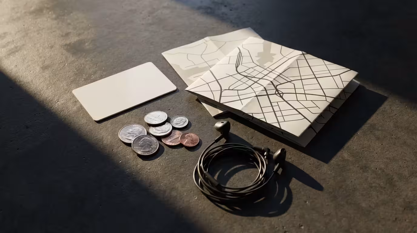 High angle flat lay of a transit card, map, coins, and earbuds.