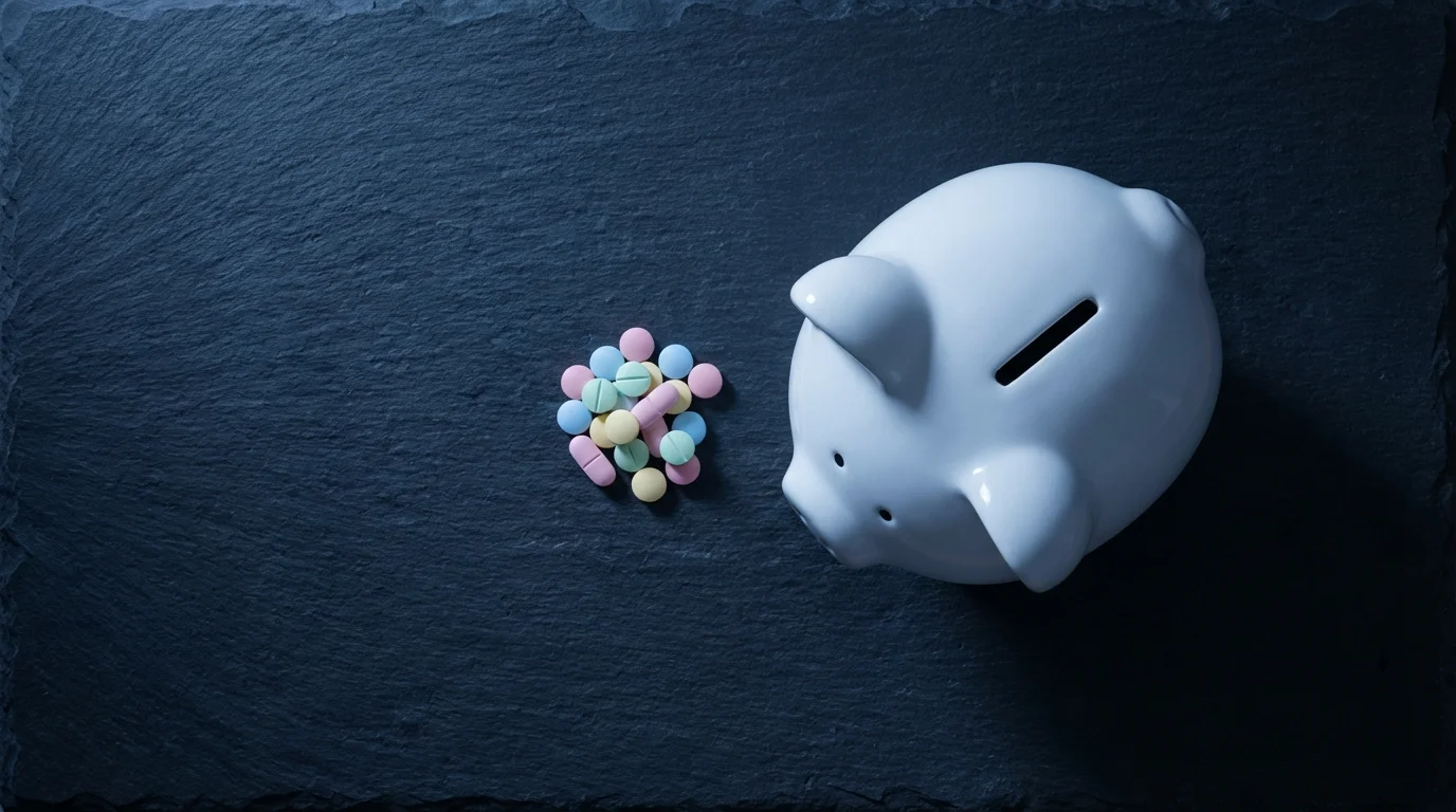 High angle flat lay of a white piggy bank and assorted pills at dusk.