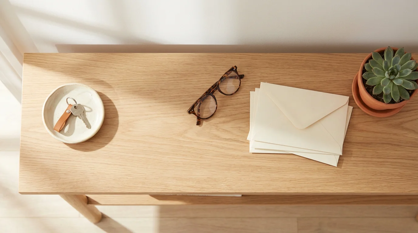 High angle flat lay of an organized entryway table with keys, mail, and glasses.