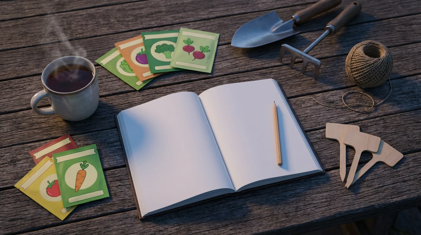 High angle flat lay of gardening tools, seed packets, and a blank notebook.
