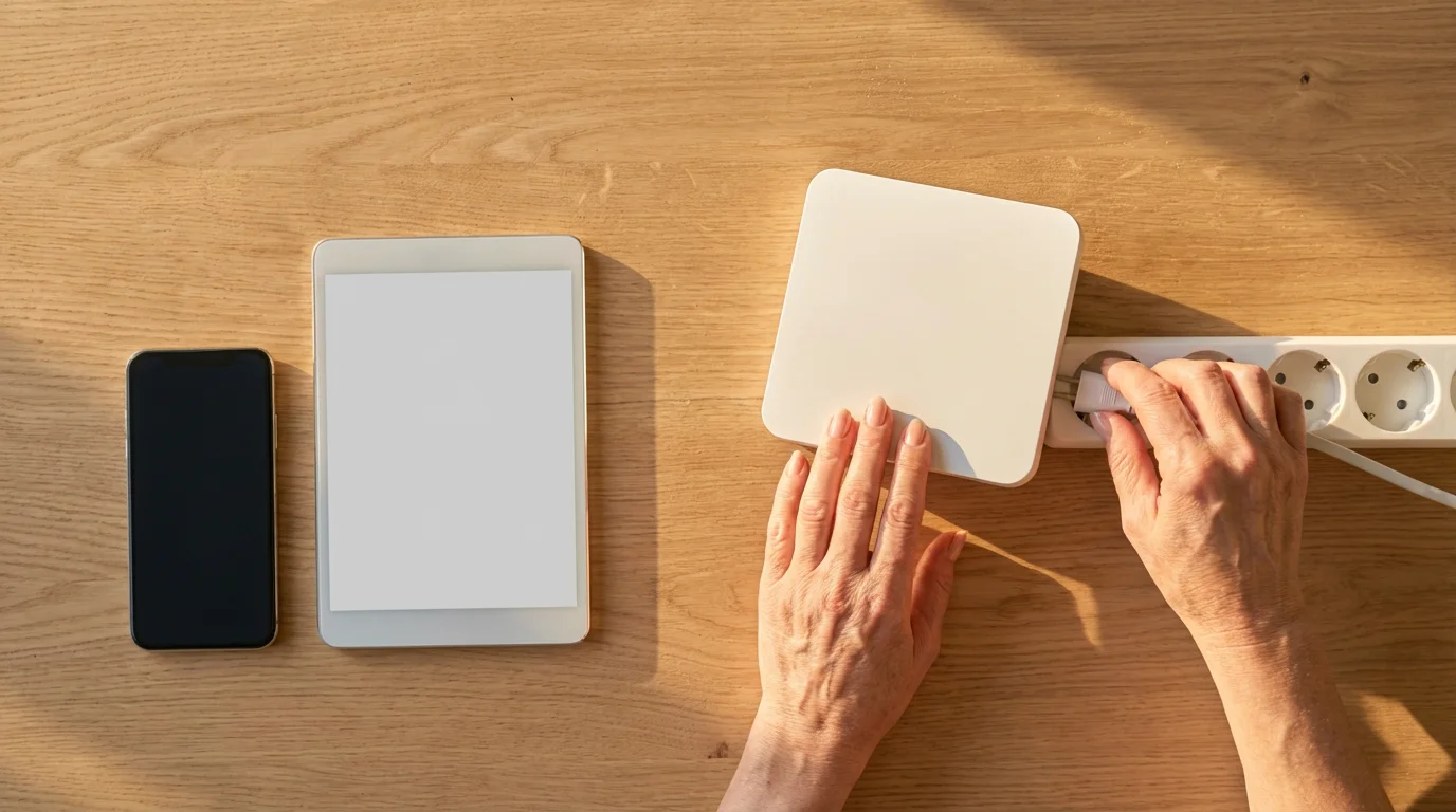 High-angle flat lay of older hands unplugging a Wi-Fi router on a desk.