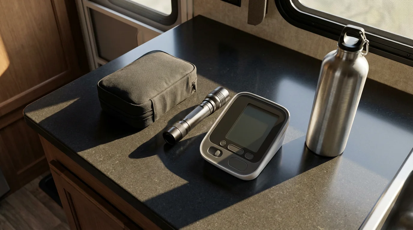 High angle flat lay of RV health and safety essentials on a modern countertop.
