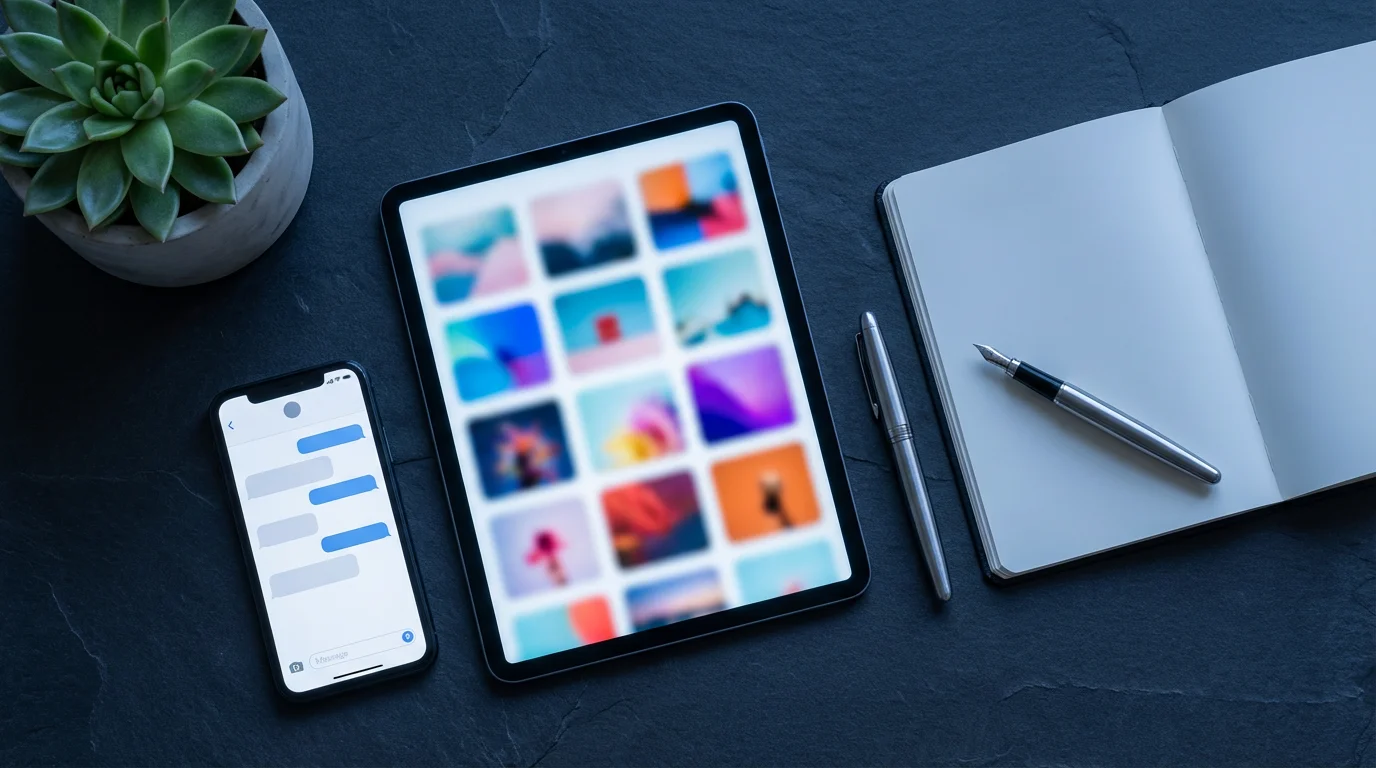 High angle flat lay of tablet and smartphone on slate table during blue hour.