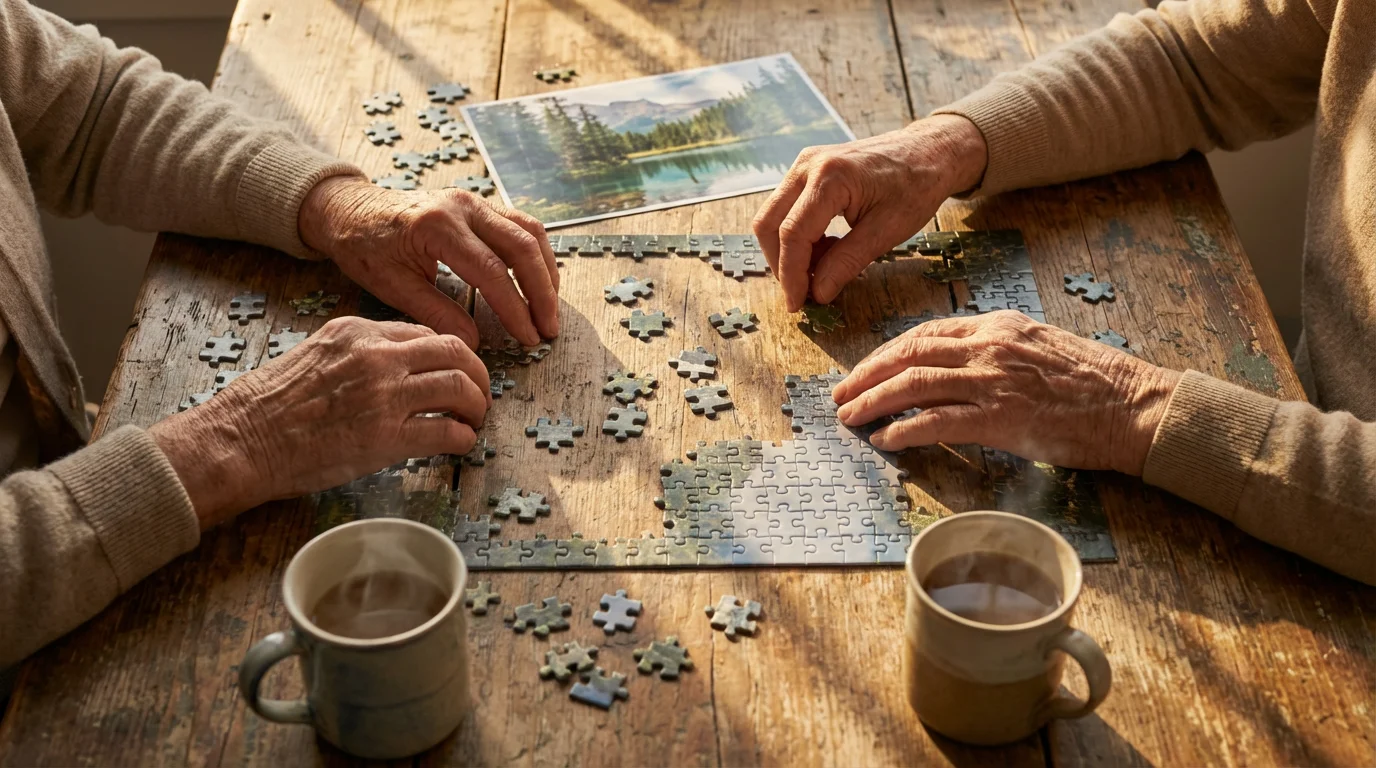 High-angle photo of two seniors' hands working together on a jigsaw puzzle with tea.