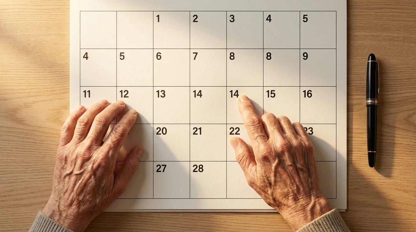 High angle shot of a senior's hand pointing to a calendar on a desk during golden hour.
