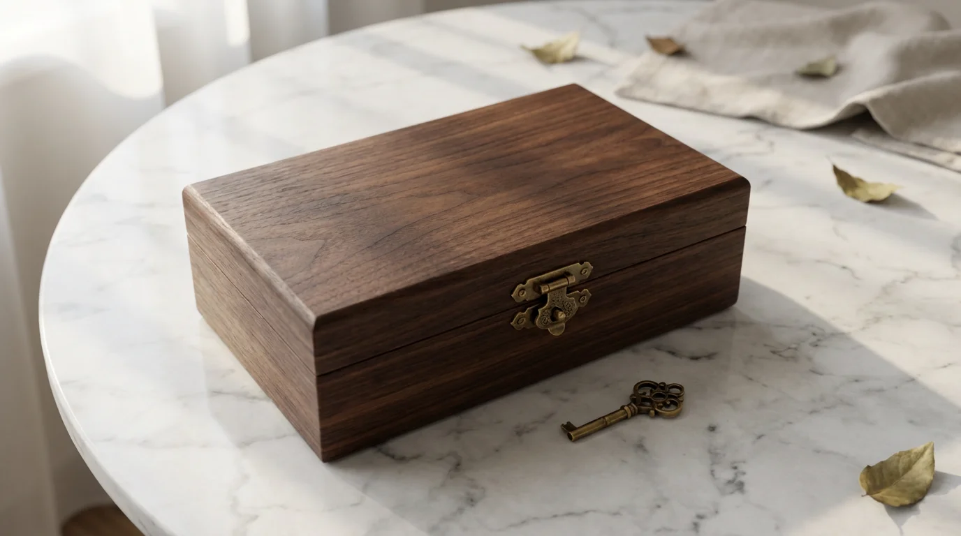 High angle view of a locked wooden box and a small brass key on a marble surface.