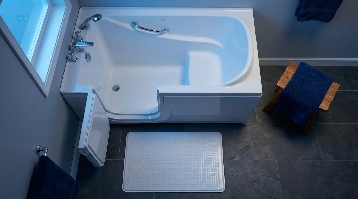 High angle view of a modern walk-in tub and non-slip mat at dusk.