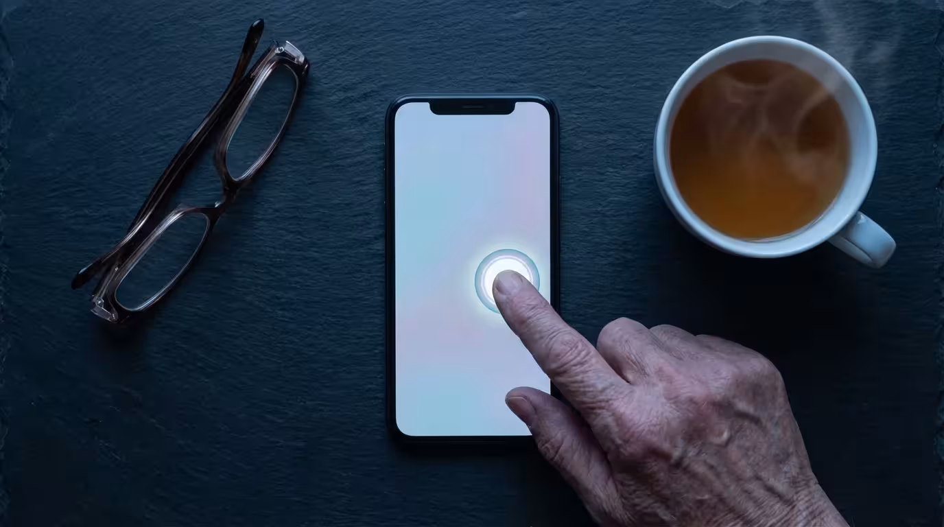 High angle view of a senior's finger using a smartphone's on-screen accessibility button.