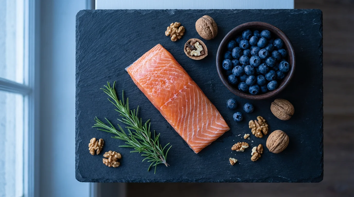High-angle view of anti-inflammatory foods including salmon, blueberries, and nuts on a slate.