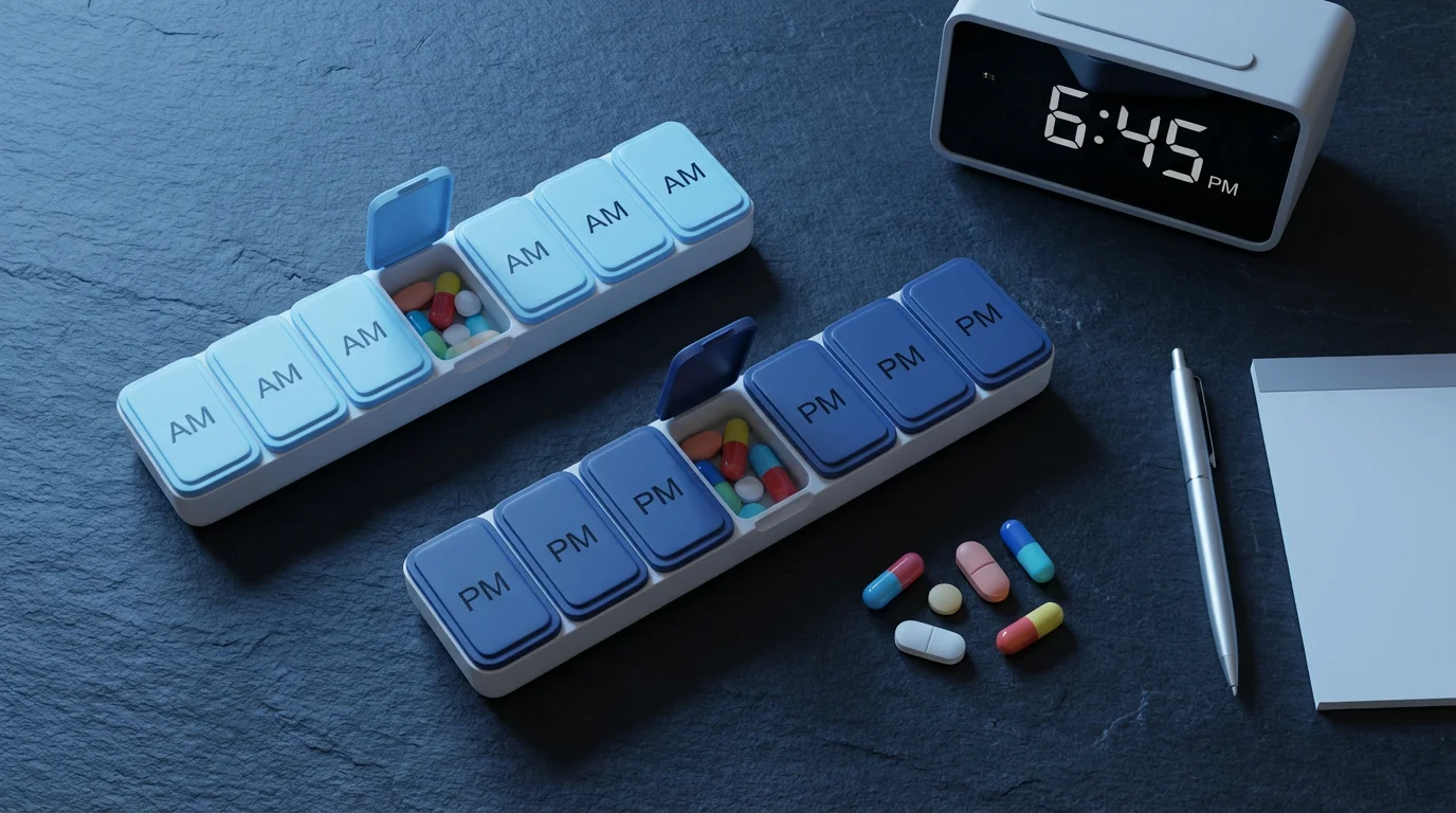 High-angle view of daily pill organizers neatly arranged on a dark slate surface.