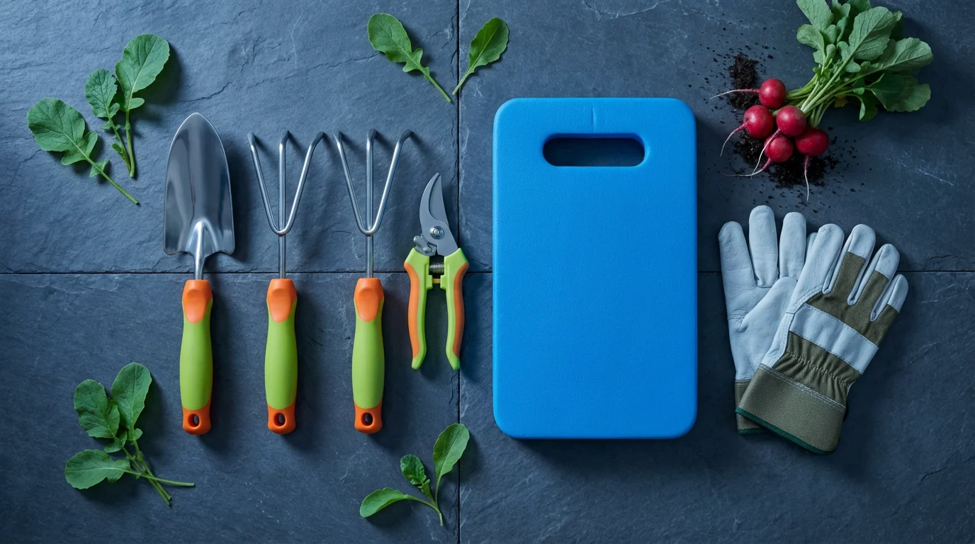 High angle view of ergonomic gardening tools, including a kneeler and trowel, on a slate patio.