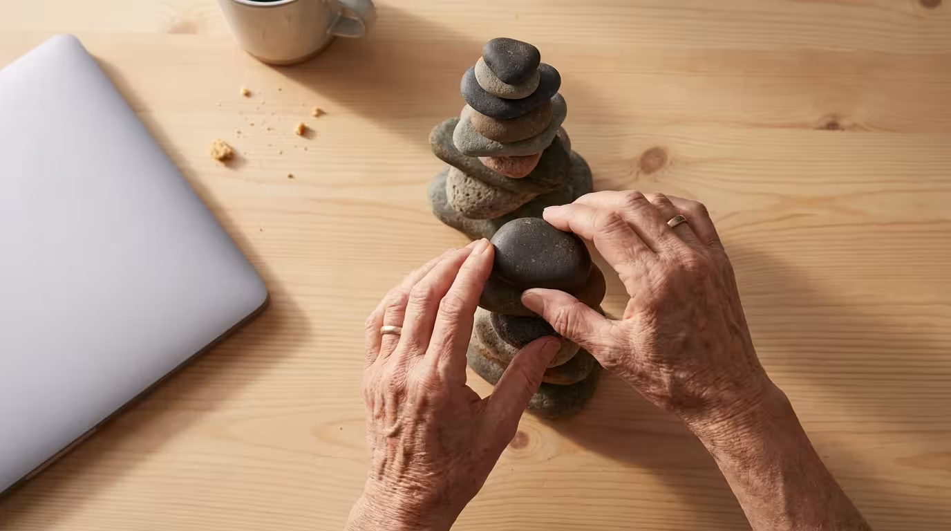 High angle view of senior hands stacking stones precariously next to a laptop.