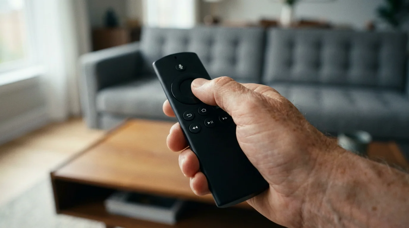Low angle close-up of a senior's hand holding a modern streaming remote control.