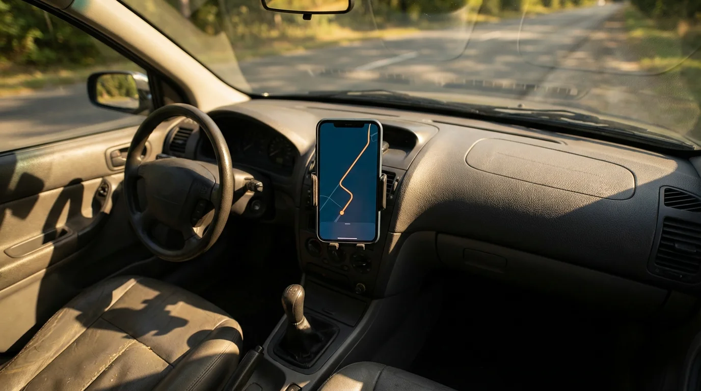 Low angle of a smartphone in a car mount displaying a GPS map.