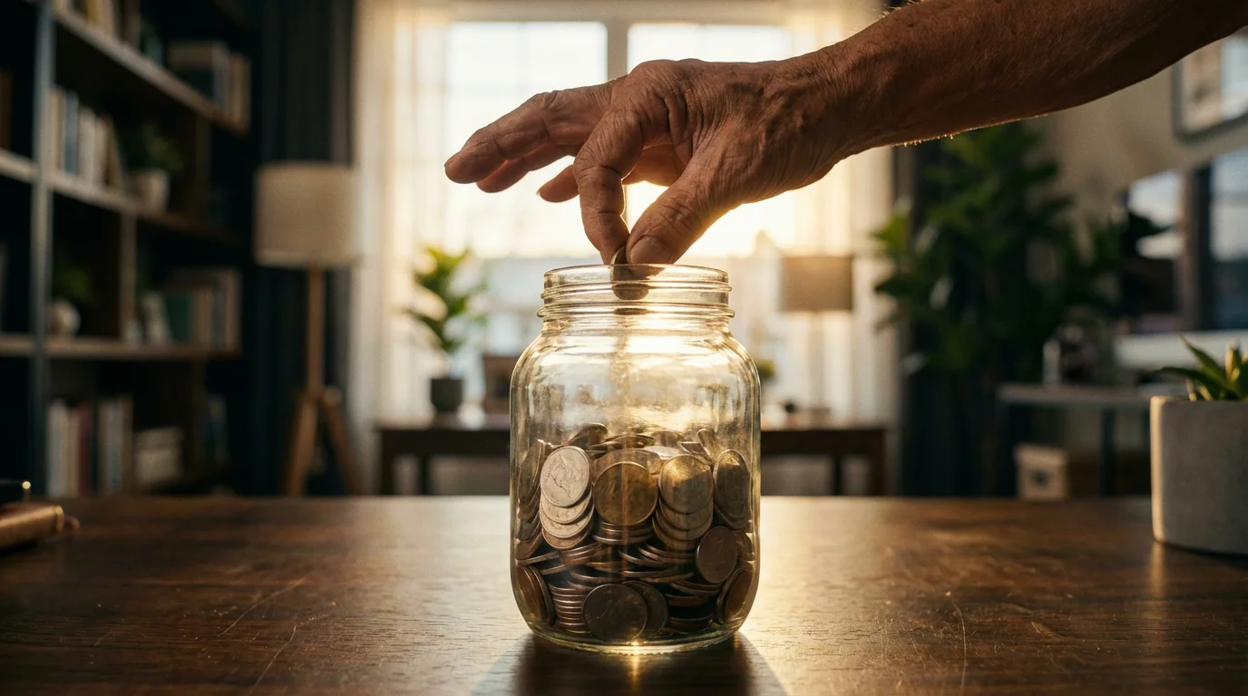 Low angle photo of a senior man's hand putting a coin into a savings jar.