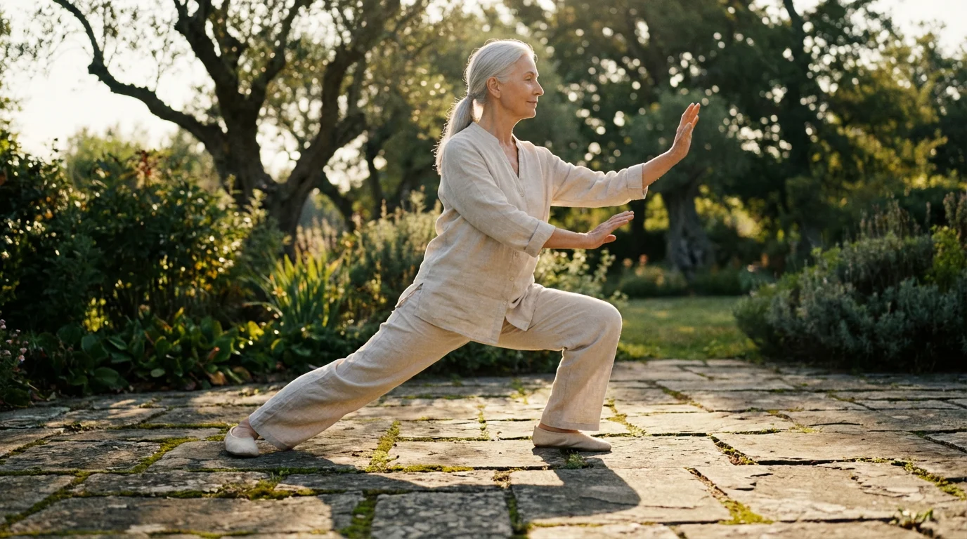 Low angle photo of a senior woman doing tai chi outdoors in morning light.