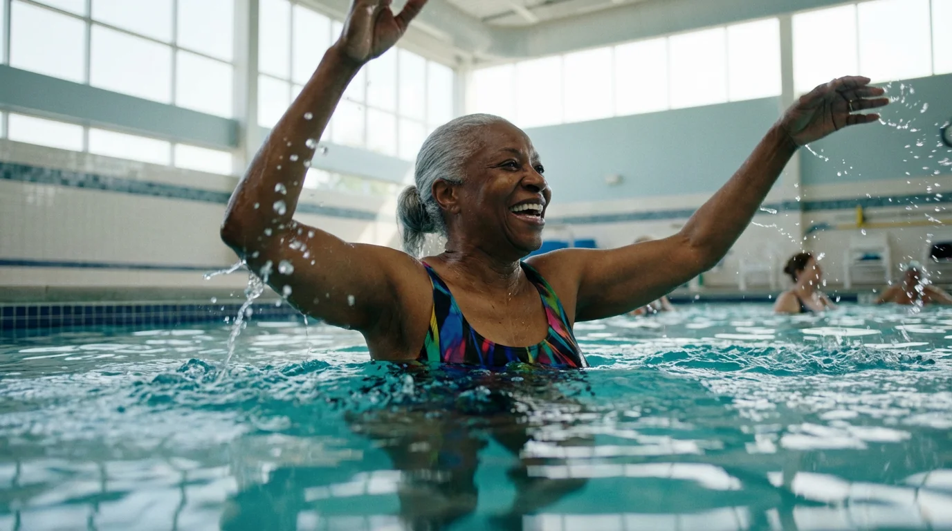 Low angle photo of a senior woman enjoying a low-impact water aerobics class.