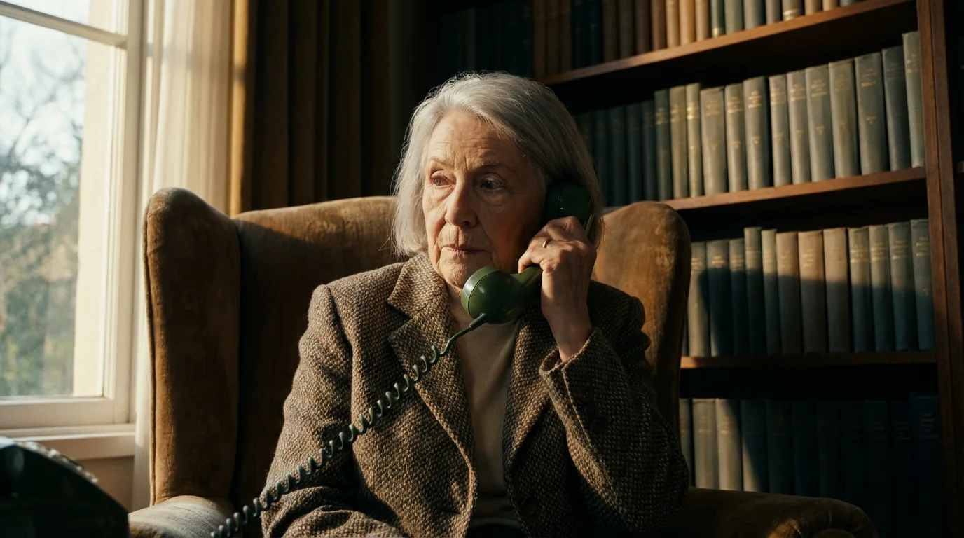 Low angle photo of a senior woman on the phone seeking support resources.