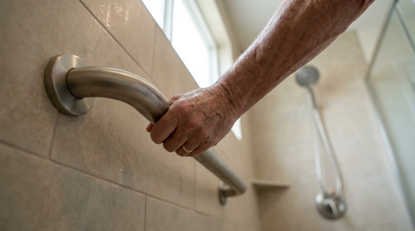 Low angle photo of a senior's hand gripping a secure metal grab bar in a tiled shower.