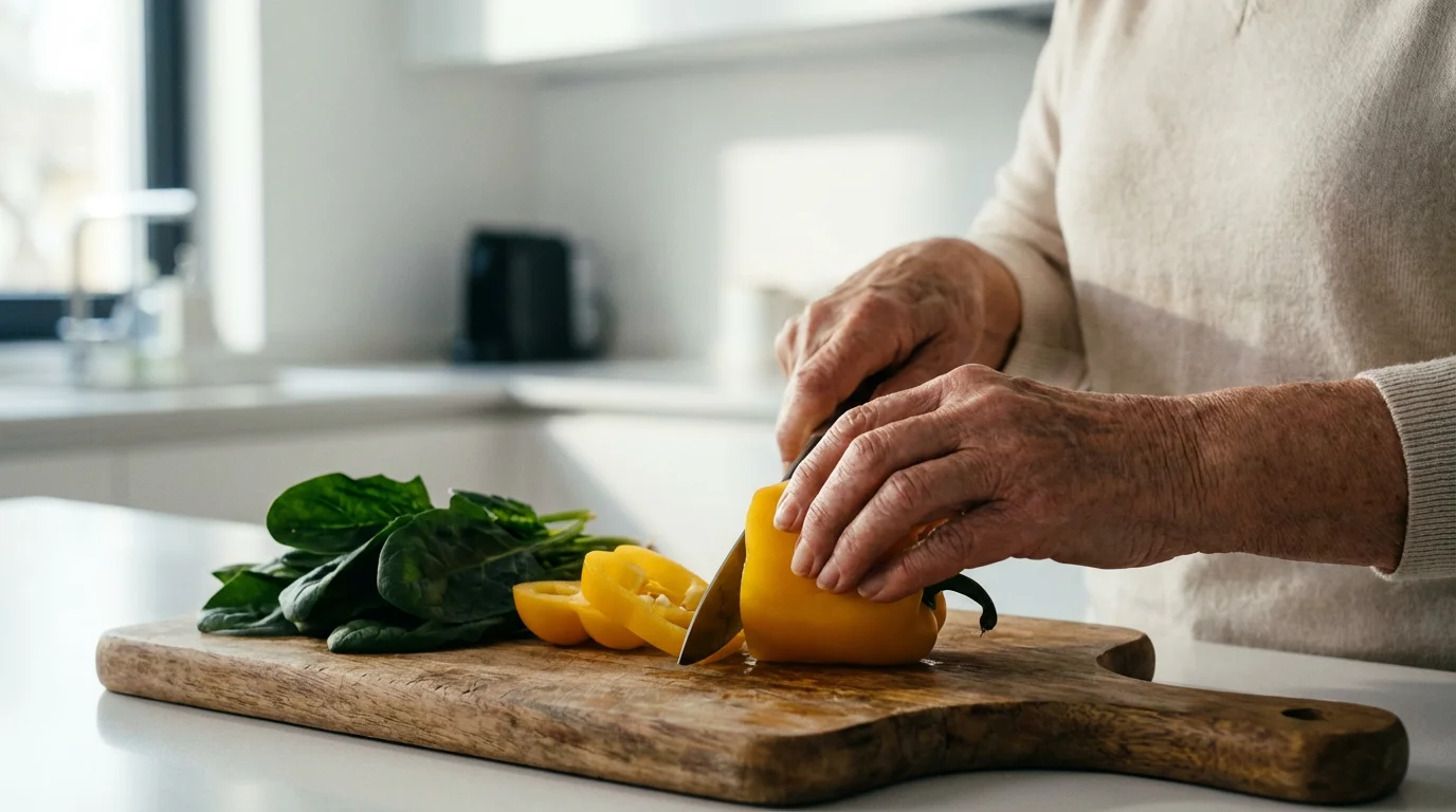 Low angle photo of a senior's hands slicing colorful, fresh vegetables in a sunlit kitchen.