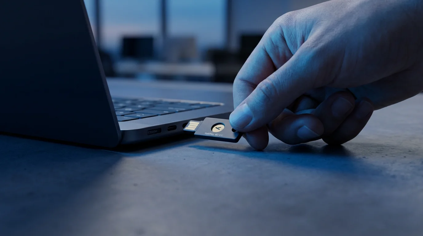 Low angle photograph of a hand inserting a physical security key into a laptop at dusk.