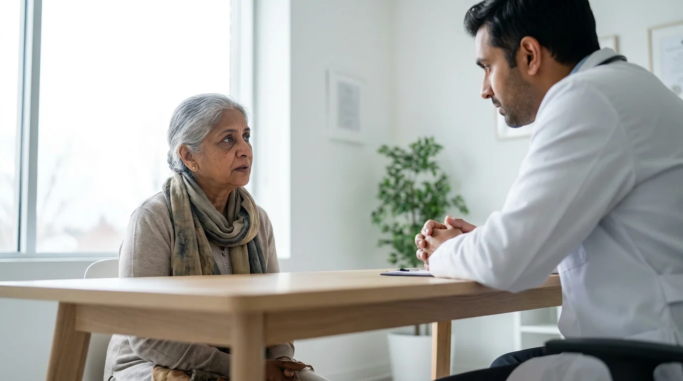 Low angle photograph of a senior woman having a serious consultation with her doctor.
