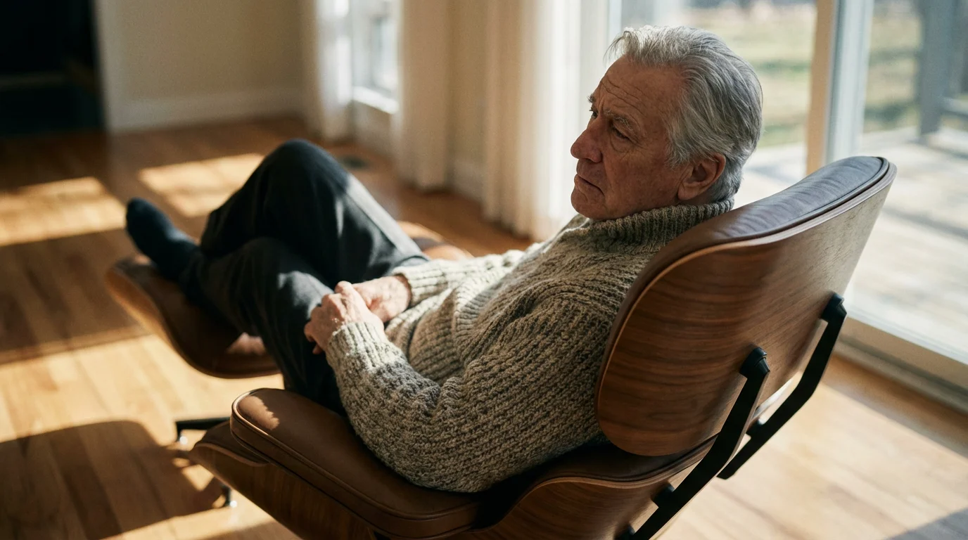 Low angle photograph of a weary senior man sitting in an armchair during afternoon.