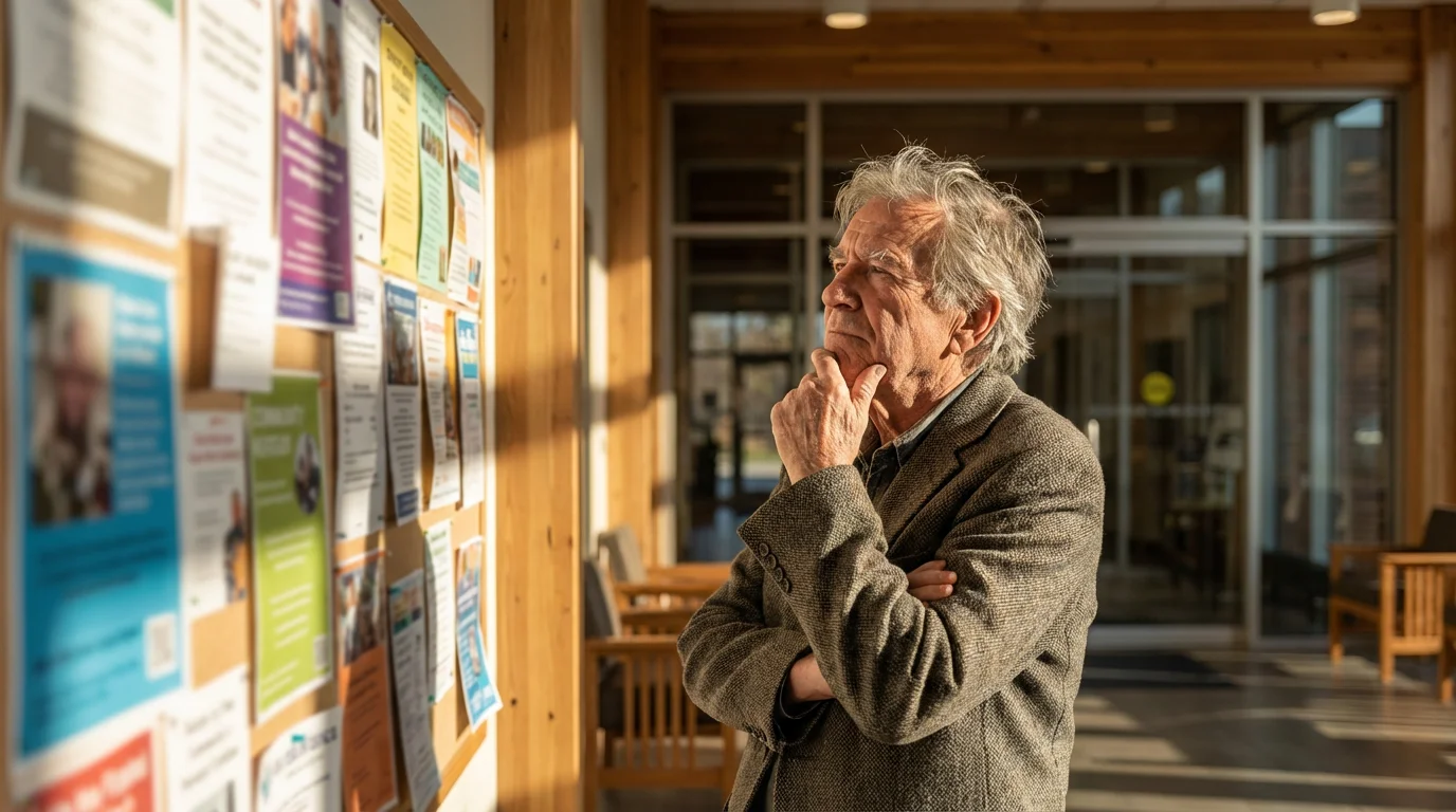 Low angle shot of a senior man looking at a community resource board.