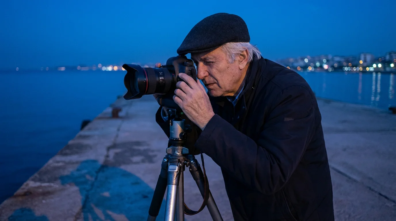 Low angle shot of a senior man with a camera on a tripod at dusk.