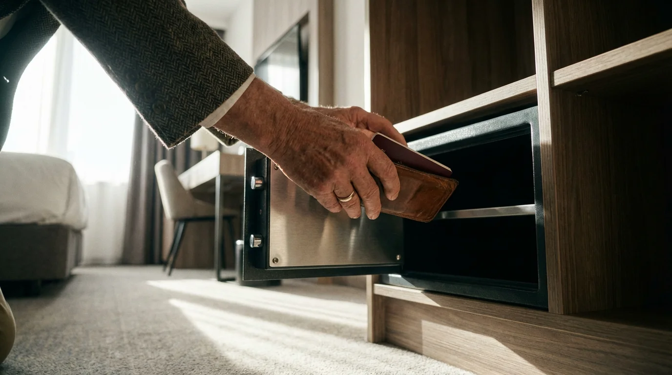 Low angle shot of a senior man's hands placing a passport and wallet into a hotel room safe.