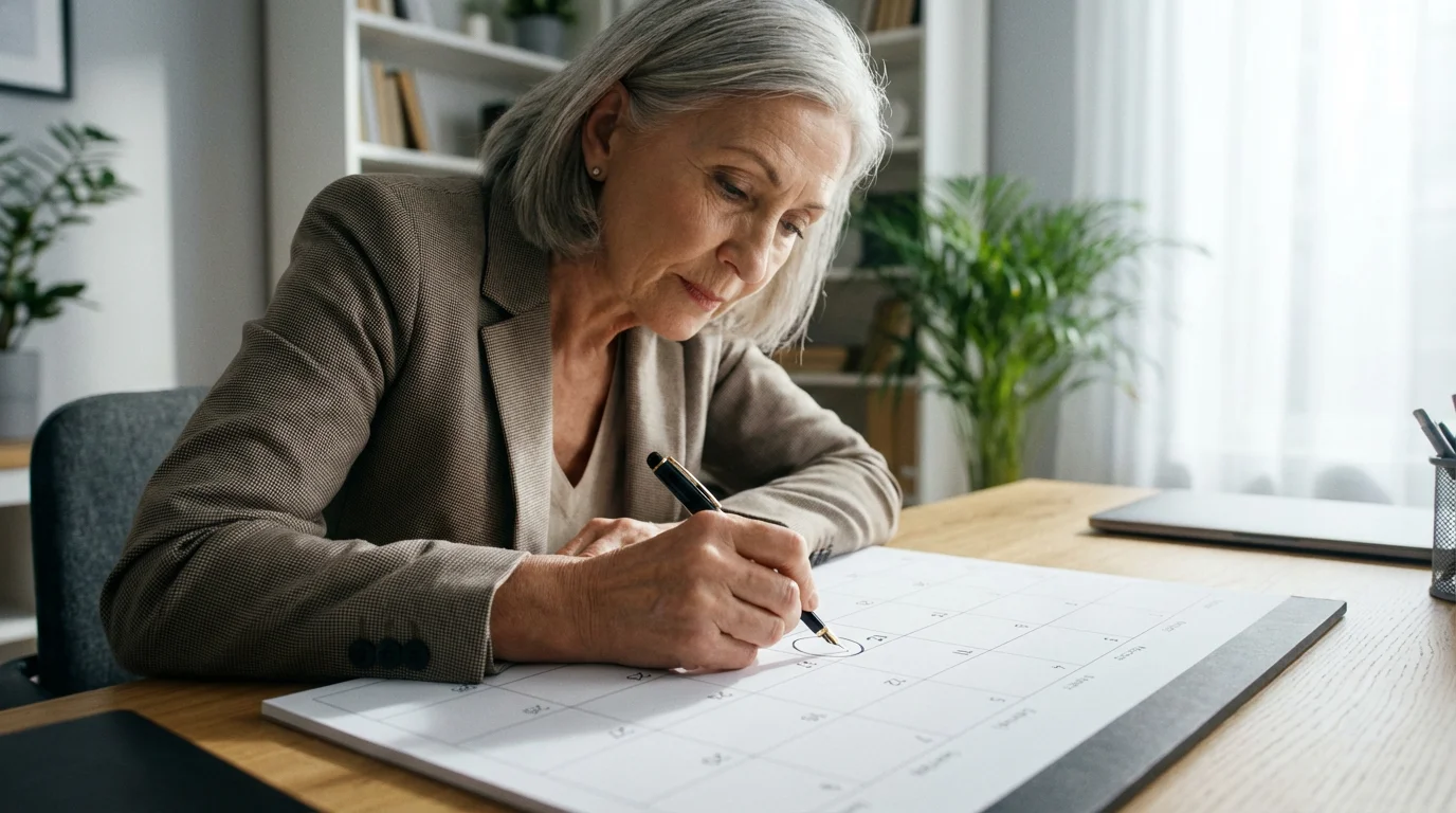 Low angle shot of a senior woman marking a date on a desk calendar.