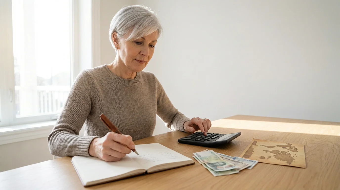 Low angle shot of an elegant senior woman at a desk budgeting for solo travel.