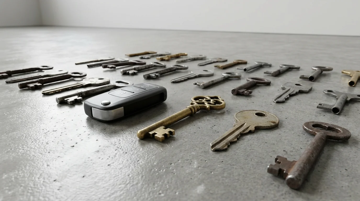 Low angle shot of diverse, unique keys arranged neatly on a modern concrete surface.