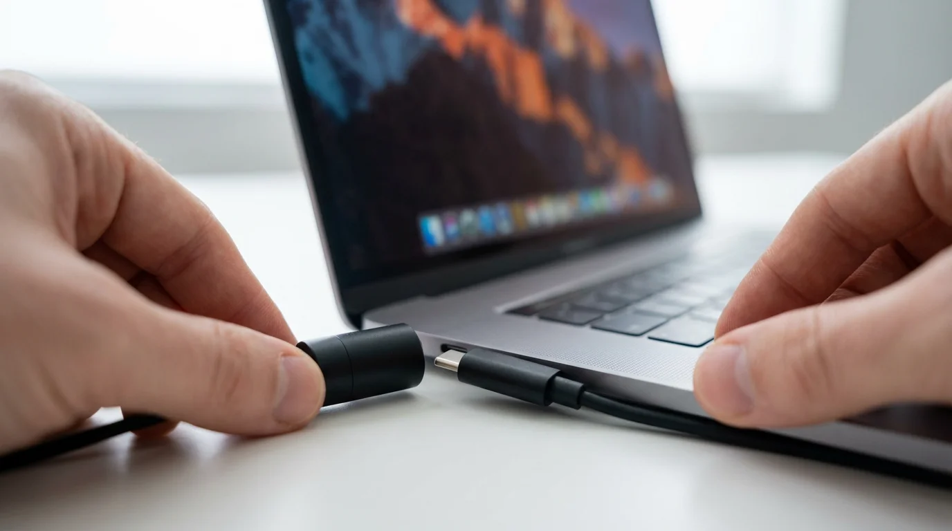 Low angle shot of hands plugging a microphone into a laptop for a video call.