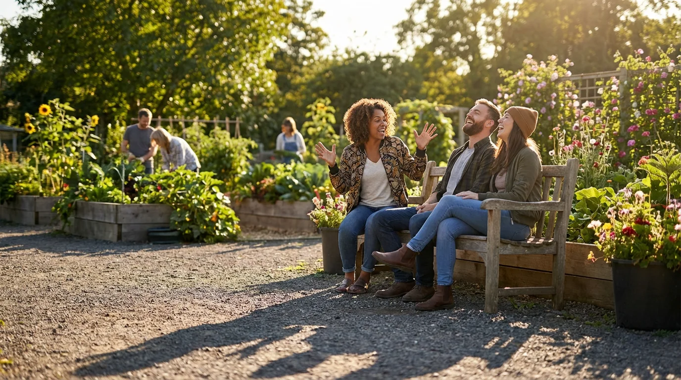 Low angle view of a diverse group of friends laughing together on a park bench.