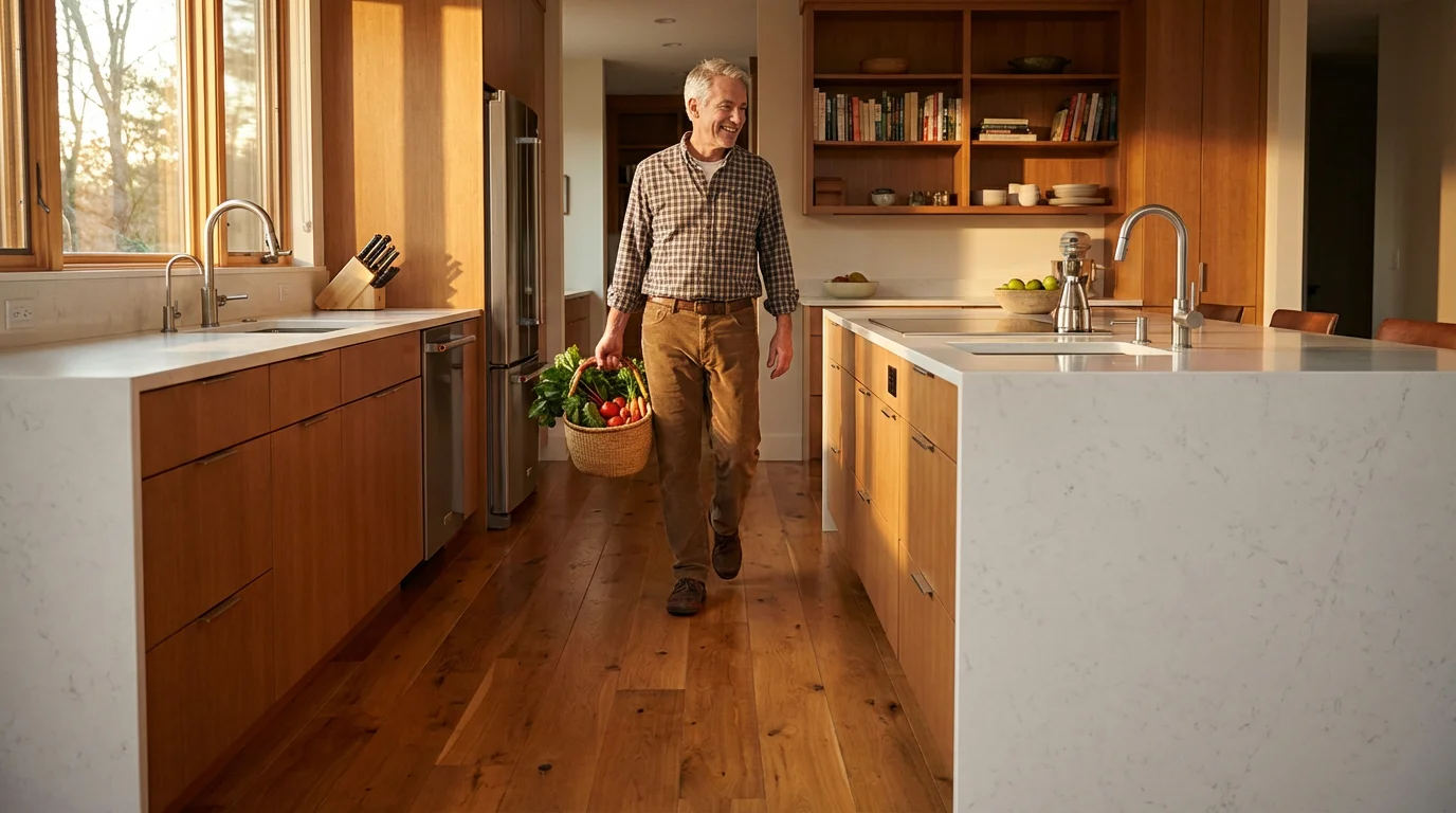 Low angle view of a senior man walking through a spacious, accessible kitchen at sunset.