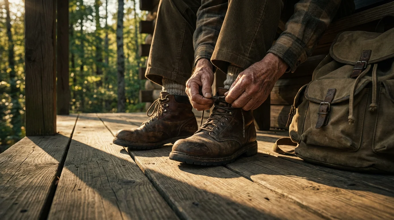 Low angle view of a senior person tying their sturdy hiking boots before a hike.
