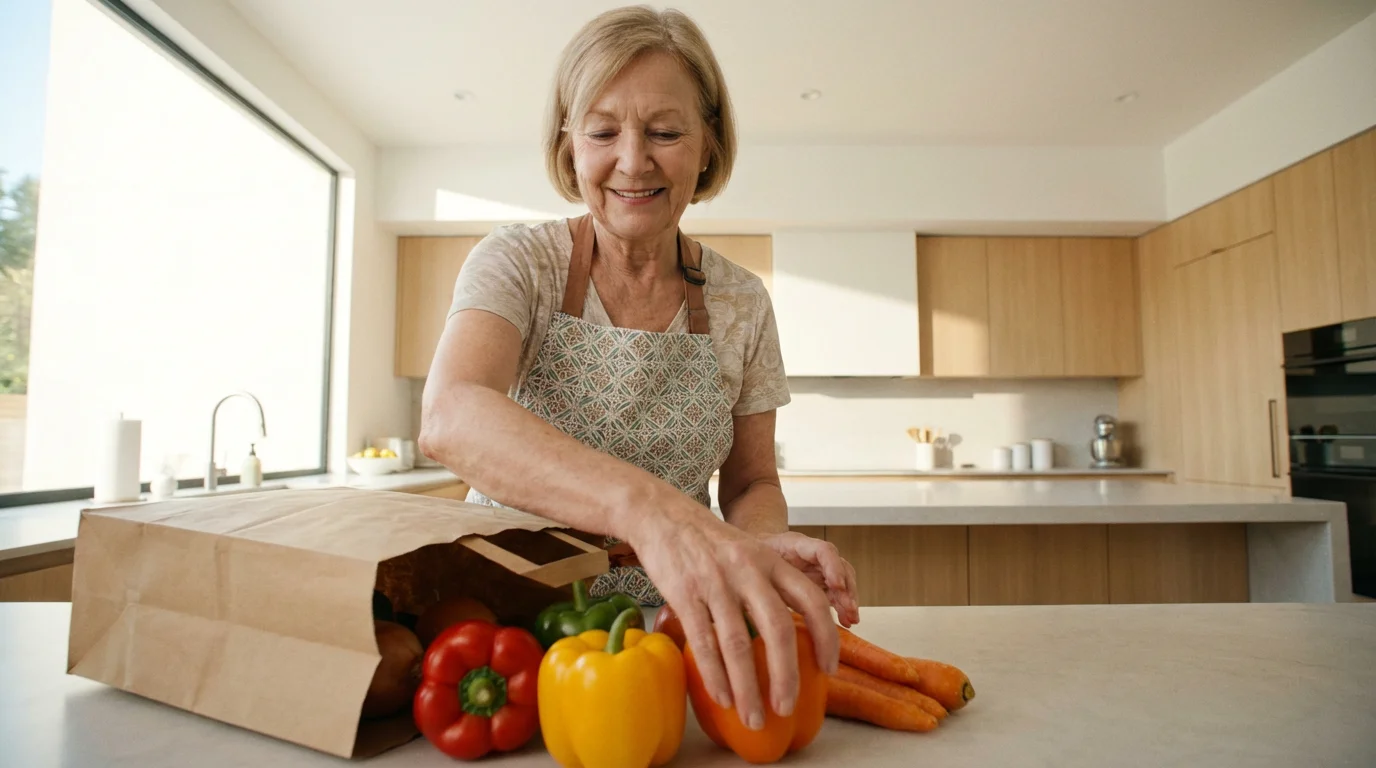 Low angle view of a senior woman smiling while unpacking fresh vegetables at home.