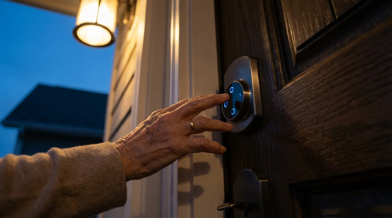 Low angle view of a senior woman's hand using a modern smart lock at dusk.