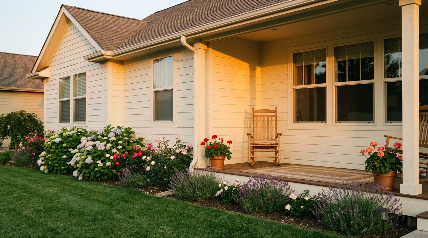 Low angle view of a well-maintained single-story home at golden hour.