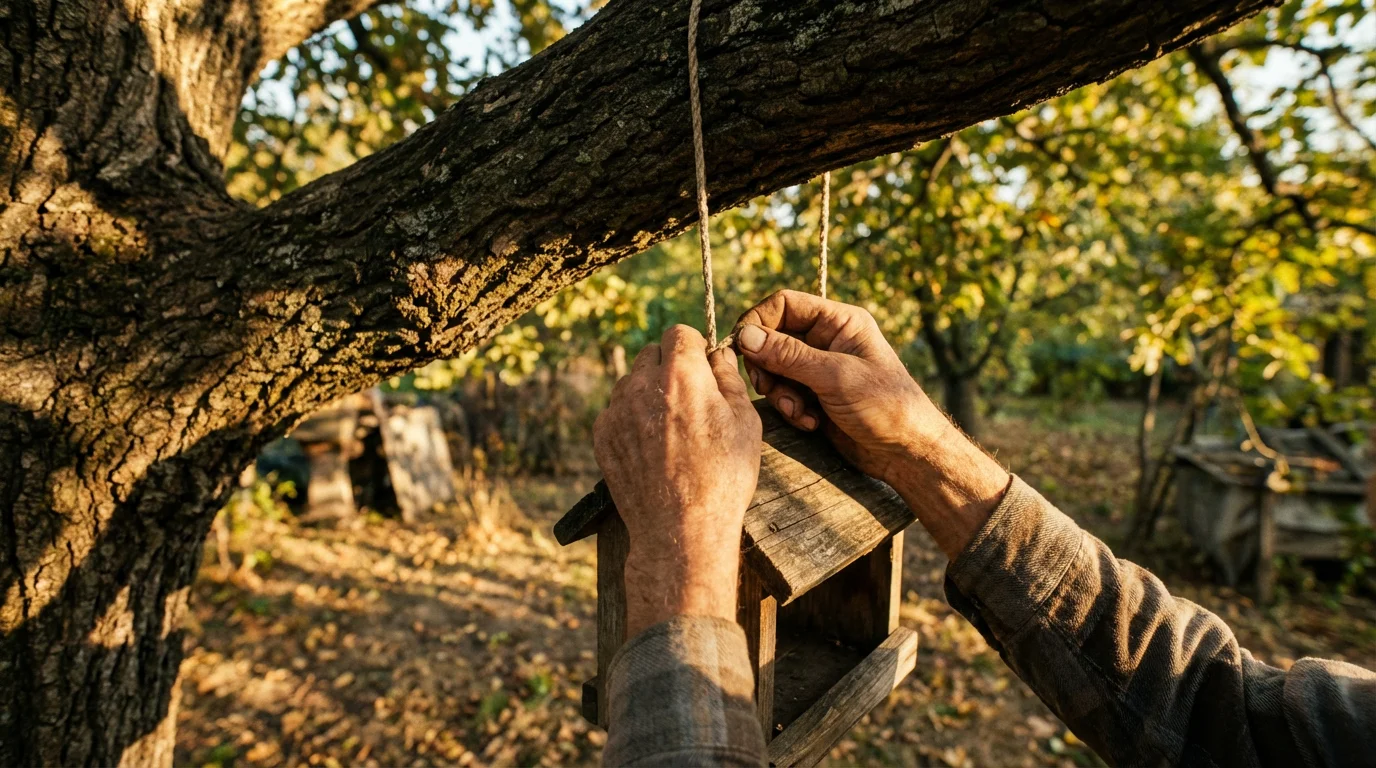 Low angle view of hands hanging a simple wooden bird feeder on a tree.