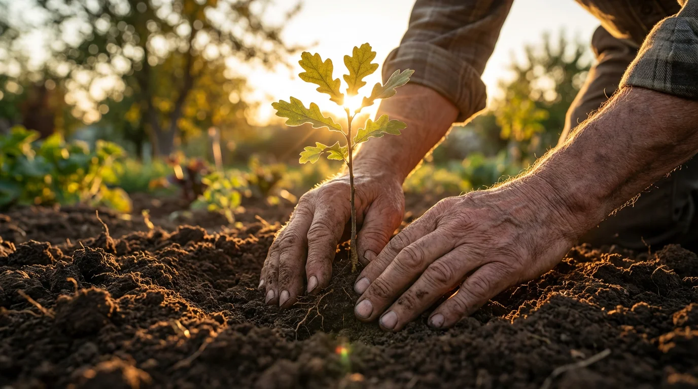 Low angle view of hands planting a small sapling in a garden at sunset.