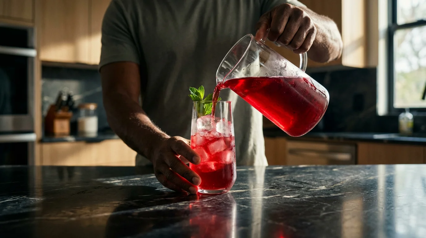 Low angle view of hands pouring a refreshing iced tea into a glass.